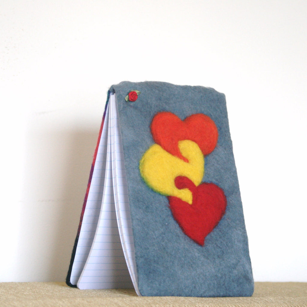 Connected Hearts Wool Pad,Felted Spiral Notepad.