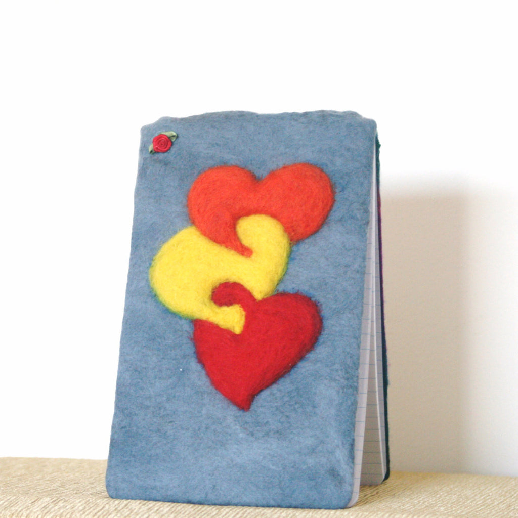 Connected Hearts Wool Pad,Felted Spiral Notepad.