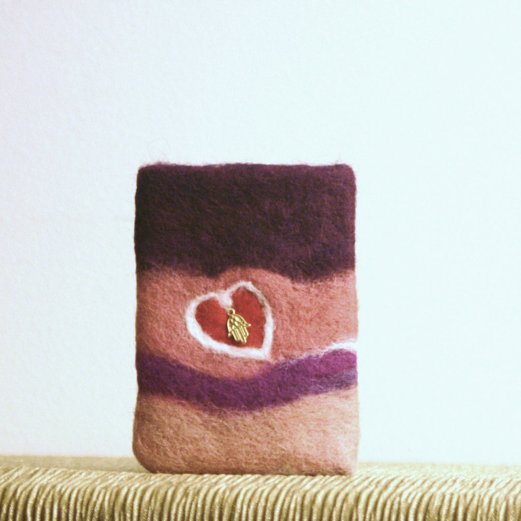Small Wool Phone Sleeve, Hand on Heart Mauve Felt.