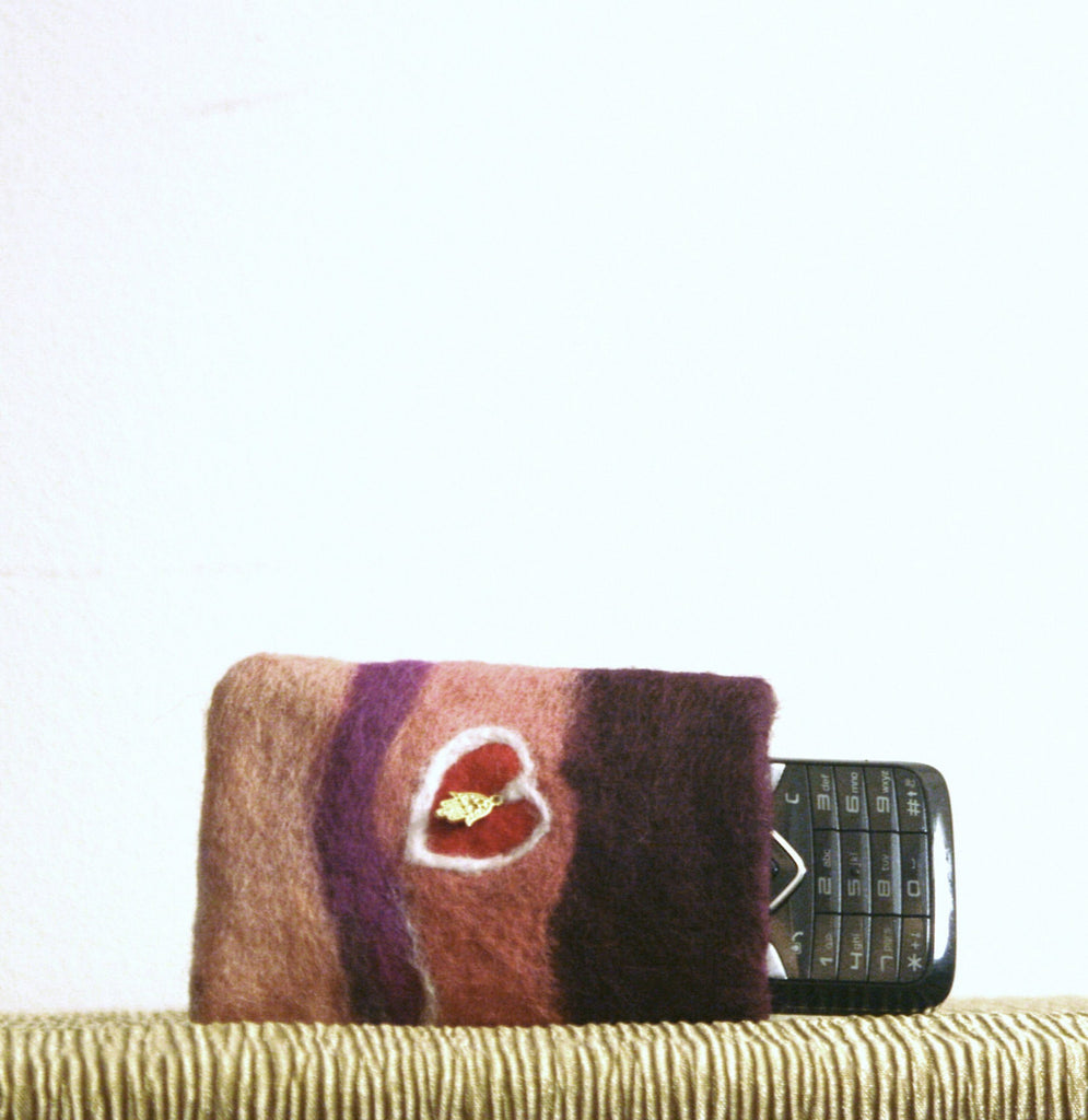 Small Wool Phone Sleeve, Hand on Heart Mauve Felt.