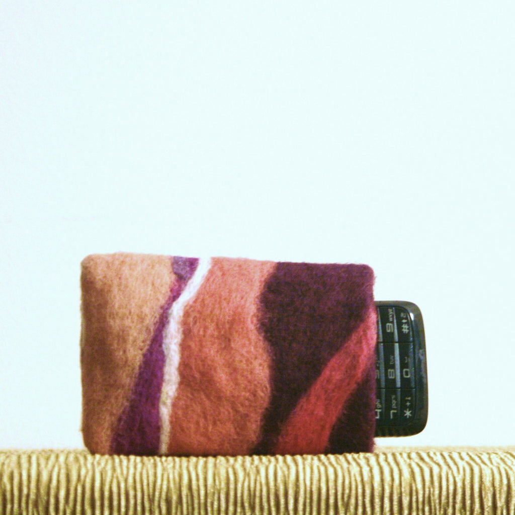 Small Wool Phone Sleeve, Hand on Heart Mauve Felt.