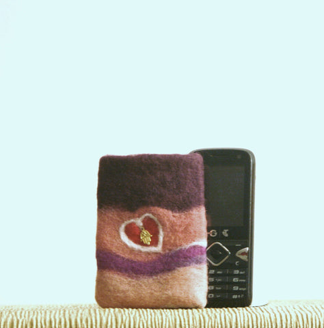 Small Wool Phone Sleeve, Hand on Heart Mauve Felt.