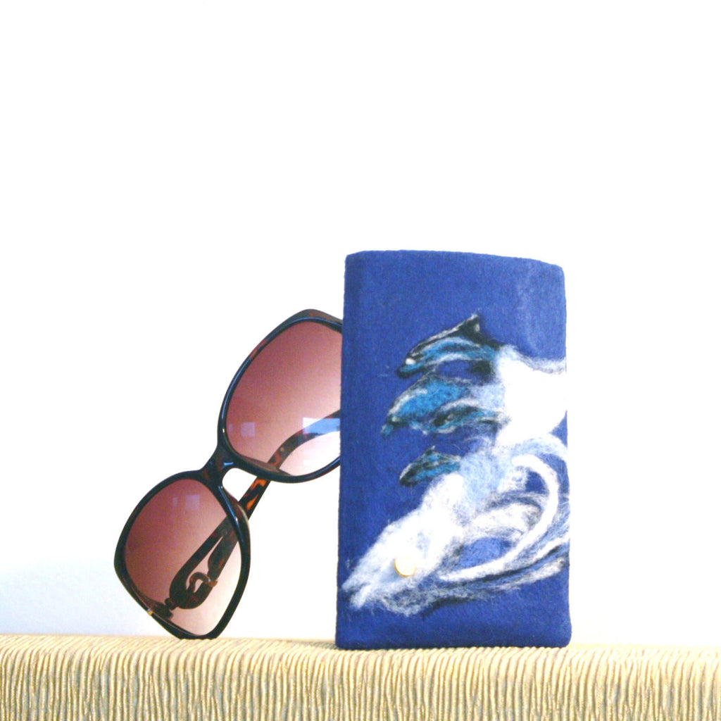 Blue Felt Glasses Sleeve, Dolphin Wave Sunglasses Cover.