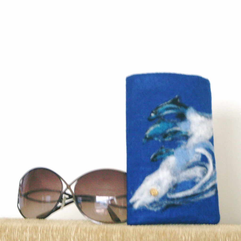 Blue Felt Glasses Sleeve, Dolphin Wave Sunglasses Cover.