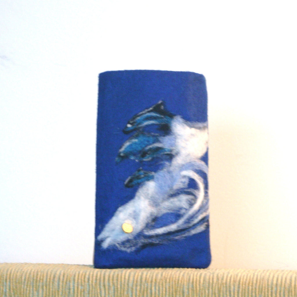 Blue Felt Glasses Sleeve, Dolphin Wave Sunglasses Cover.