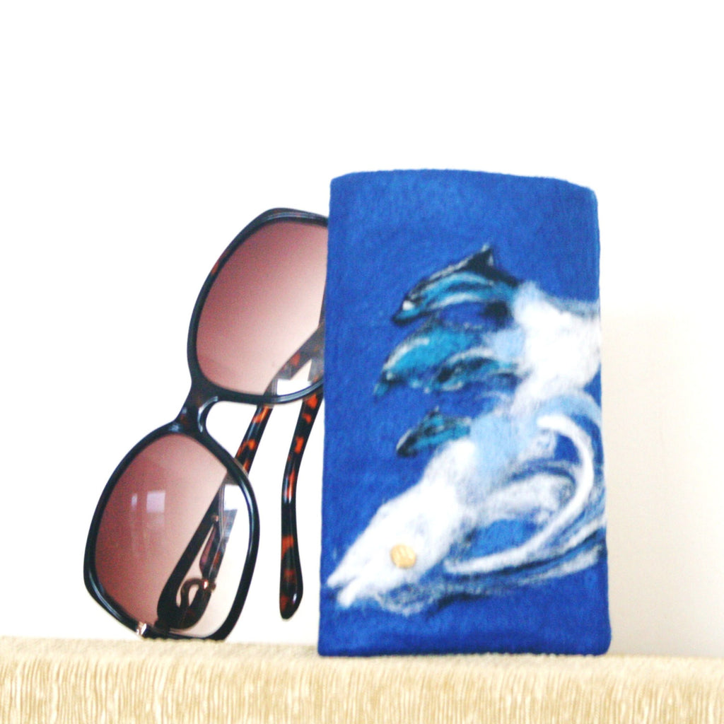 Blue Felt Glasses Sleeve, Dolphin Wave Sunglasses Cover.