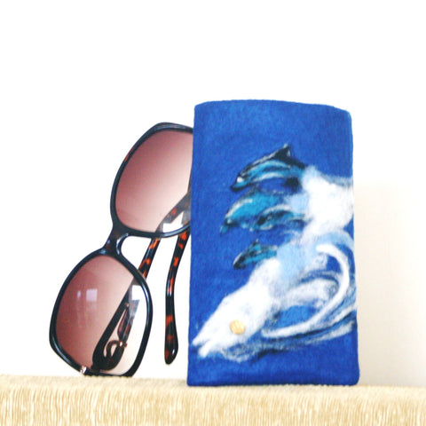 Blue Felt Glasses Sleeve, Dolphin Wave Sunglasses Cover.