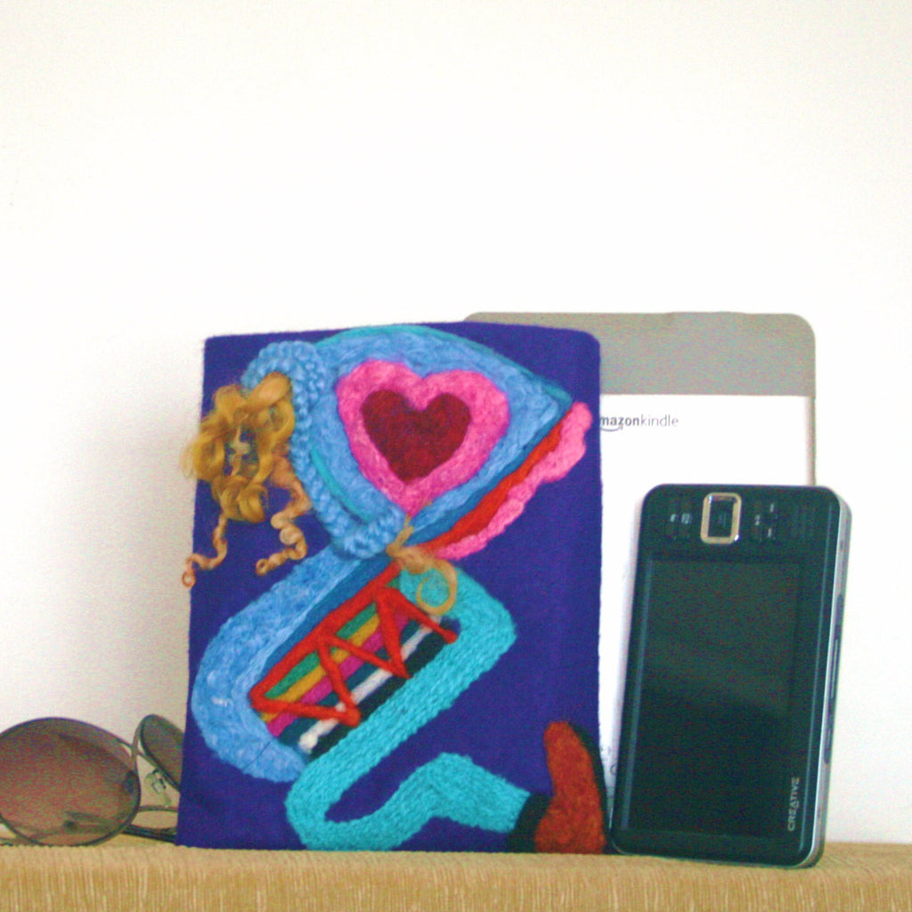 3D Wool, Multi-Use Sleeve, Electronic or Documents,Blue Riding Hood Design. Fiber Art.