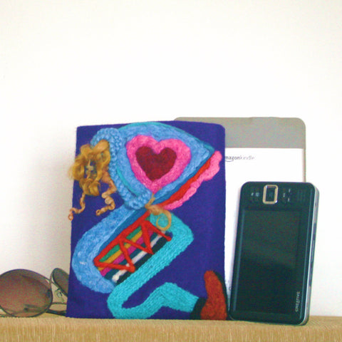 3D Wool, Multi-Use Sleeve, Electronic or Documents,Blue Riding Hood Design. Fiber Art.