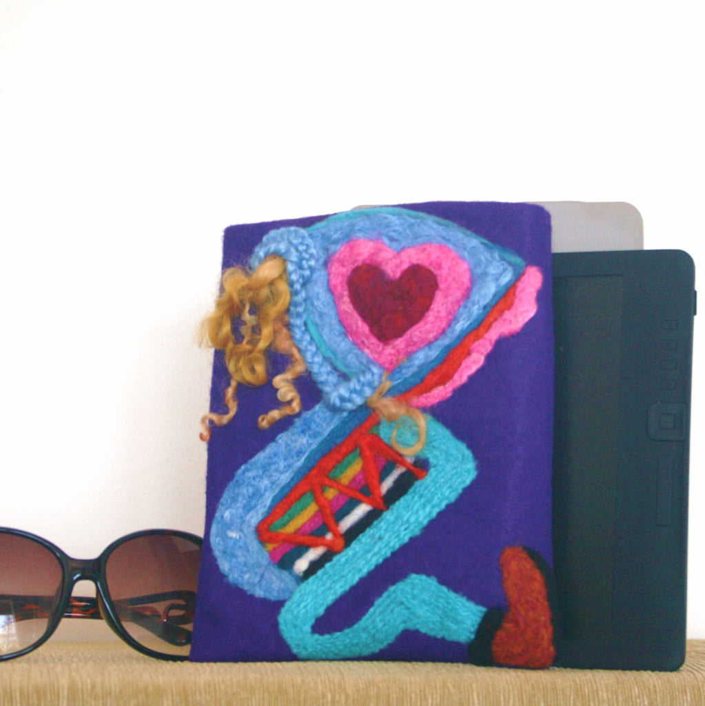 3D Wool, Multi-Use Sleeve, Electronic or Documents,Blue Riding Hood Design. Fiber Art.