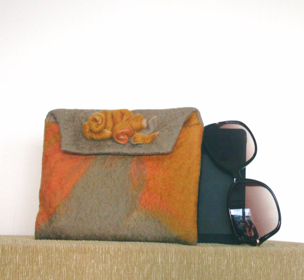 Gold  Wool, Electronics Purse, Wool Clutch Bag.