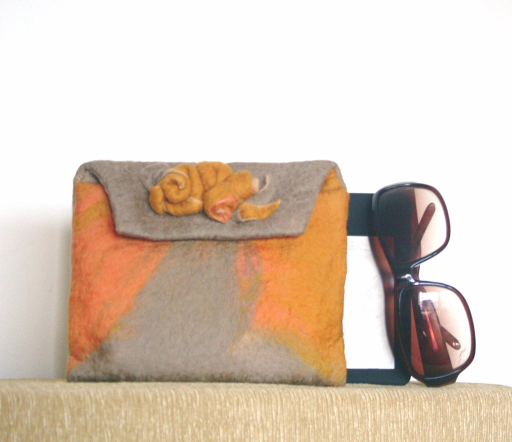 Gold  Wool, Electronics Purse, Wool Clutch Bag.
