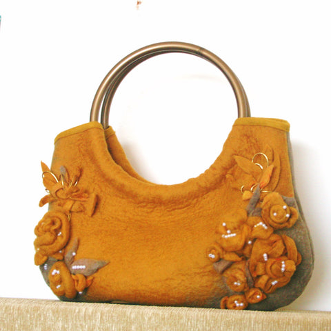 Mustard Wool Designer Bag, Floral Pearled handbag.