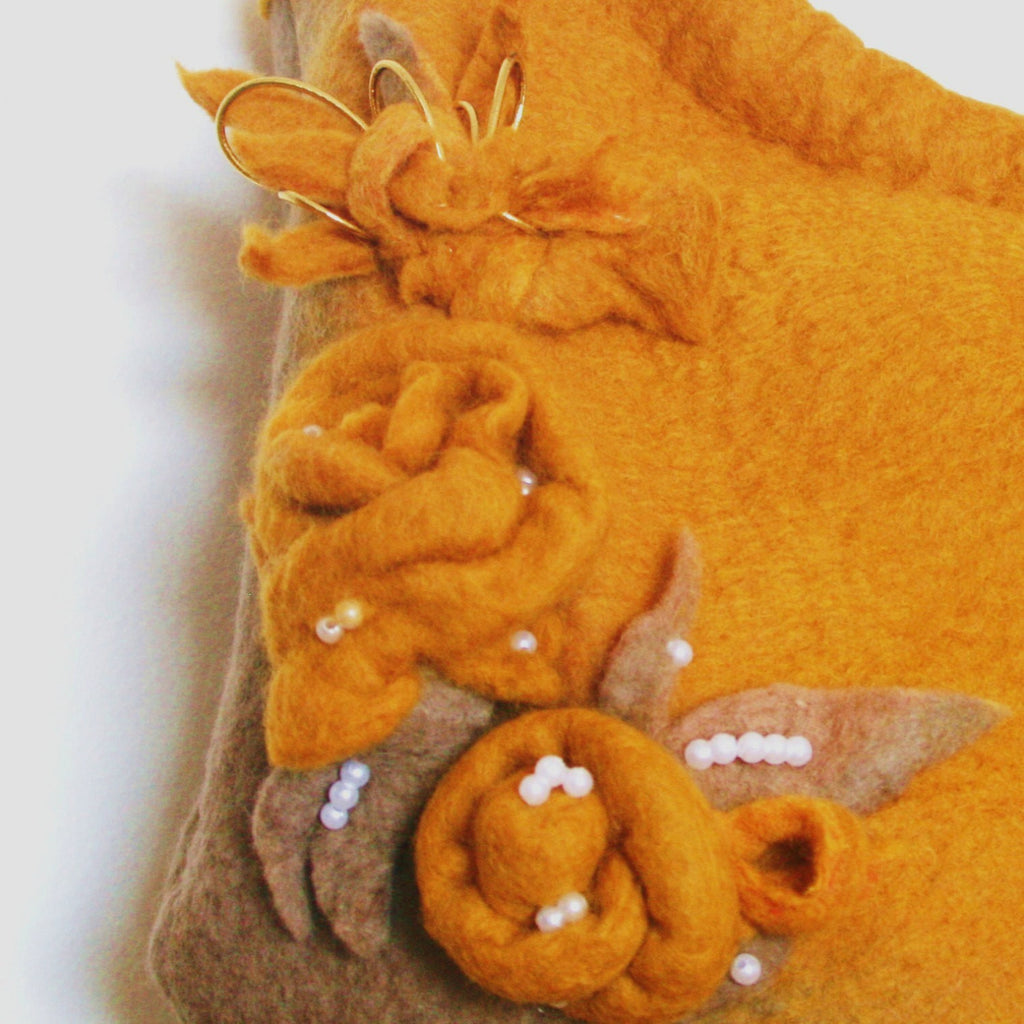 Mustard Wool Designer Bag, Floral Pearled handbag.