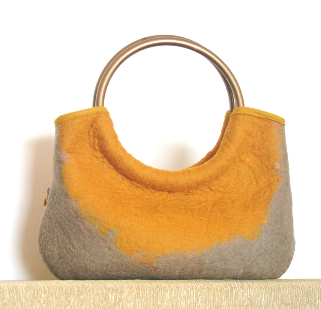 Mustard Wool Designer Bag, Floral Pearled handbag.