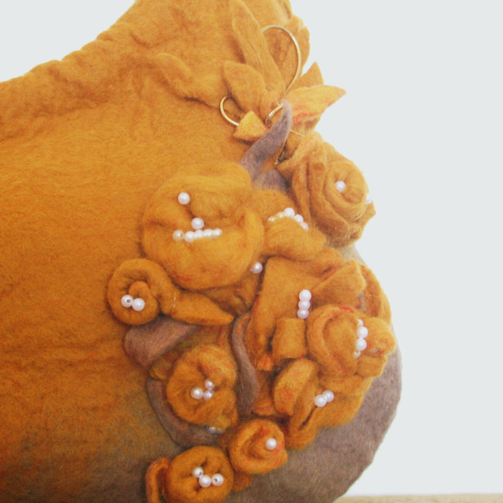 Mustard Wool Designer Bag, Floral Pearled handbag.