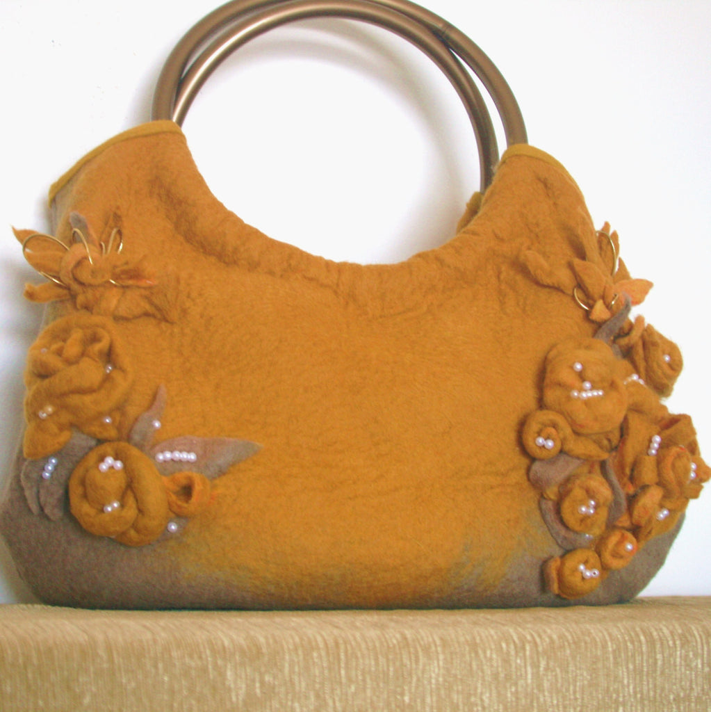 Mustard Wool Designer Bag, Floral Pearled handbag.