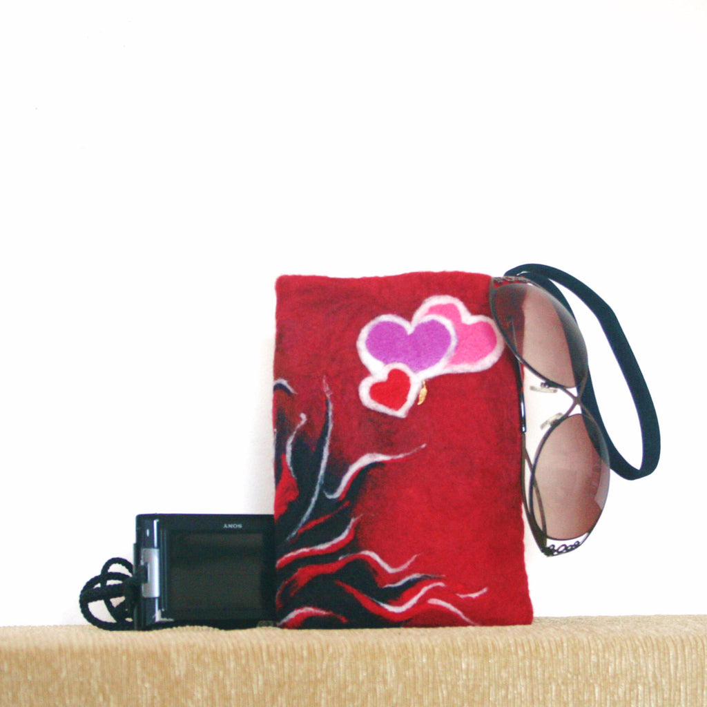 Wool Wristlet Sleeve, Fire and Hearts Electronics Case.