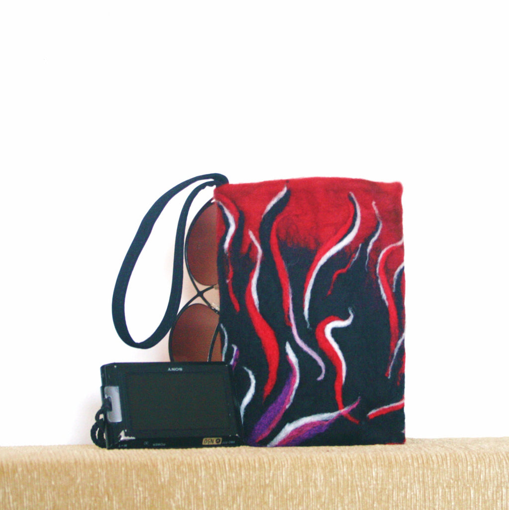 Wool Wristlet Sleeve, Fire and Hearts Electronics Case.