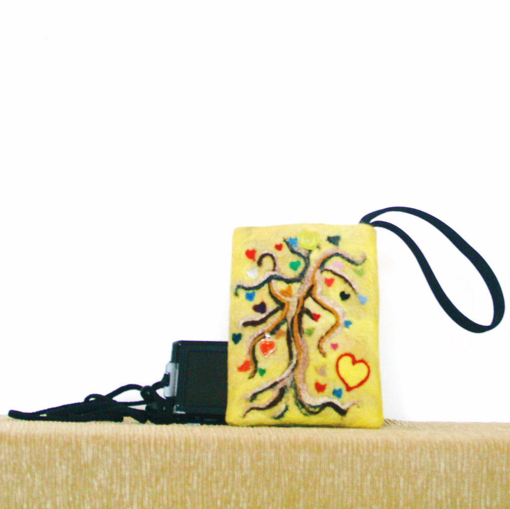 Yellow Felt Wristlet Sleeve, Tree of Many Hearts,Multi-Use Pouch!