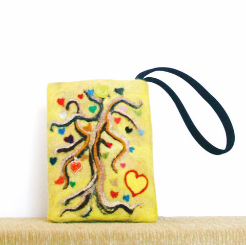 Yellow Felt Wristlet Sleeve, Tree of Many Hearts,Multi-Use Pouch!