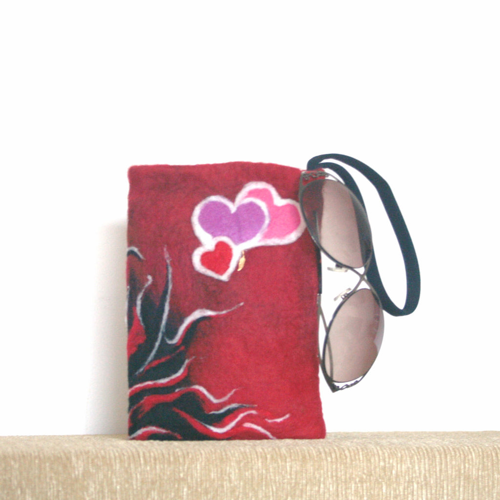 Wool Wristlet Sleeve, Fire and Hearts Electronics Case.