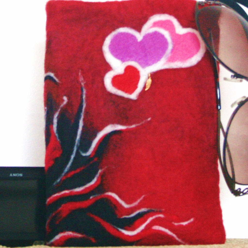 Wool Wristlet Sleeve, Fire and Hearts Electronics Case.
