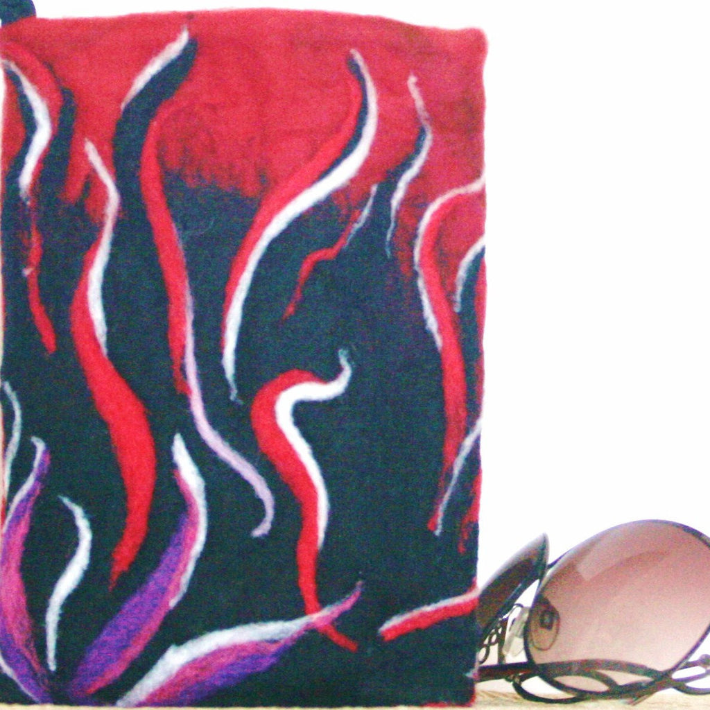 Wool Wristlet Sleeve, Fire and Hearts Electronics Case.