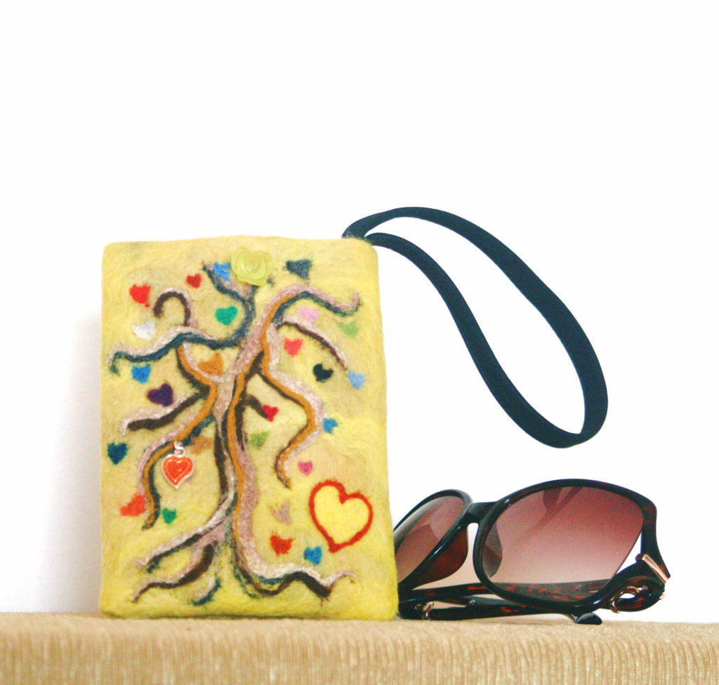 Yellow Felt Wristlet Sleeve, Tree of Many Hearts,Multi-Use Pouch!