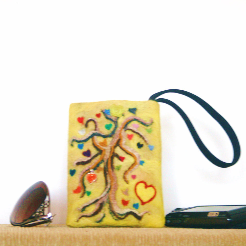 Yellow Felt Wristlet Sleeve, Tree of Many Hearts,Multi-Use Pouch!