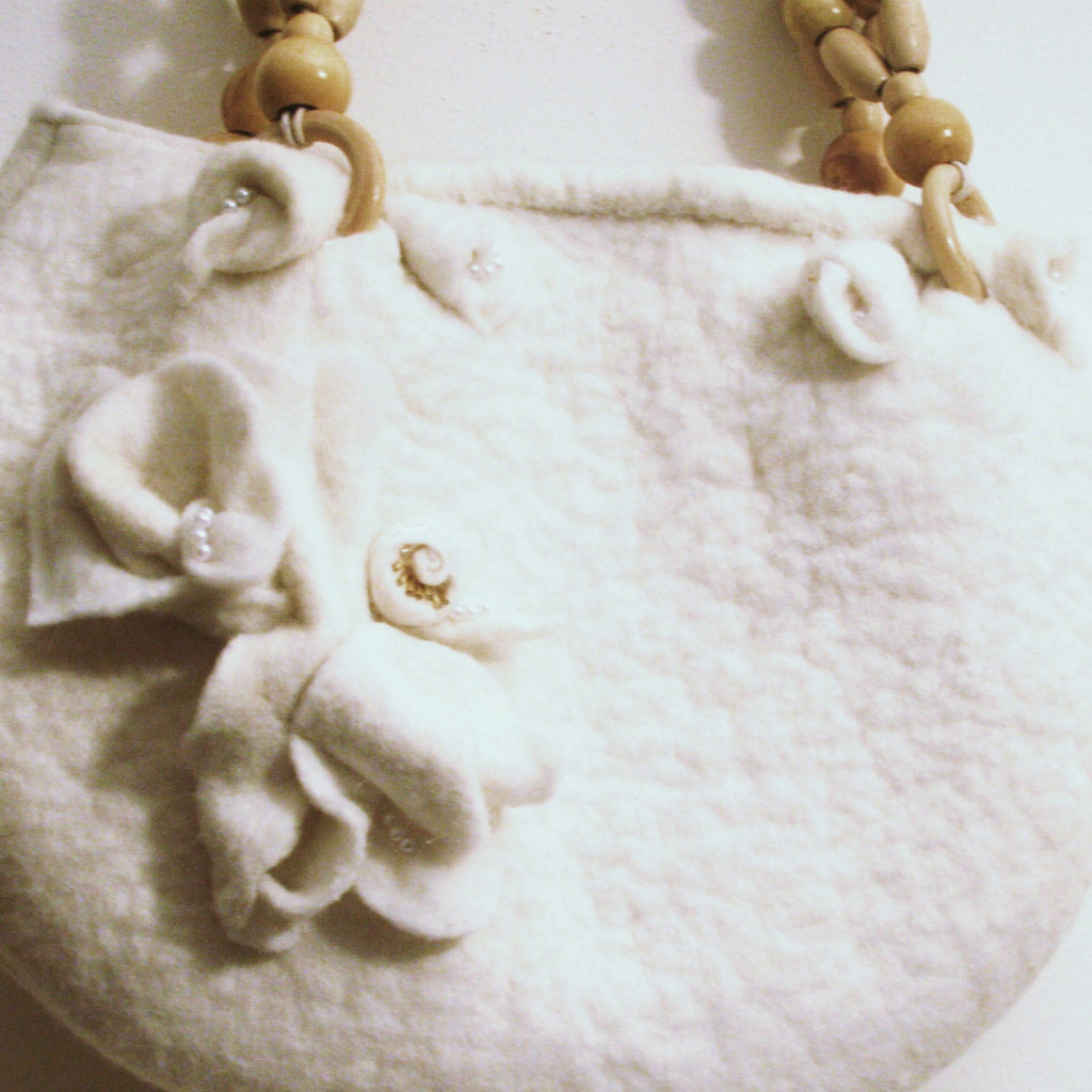 White Lily, Felt Handbag,  Pearl Encrusted Flowers.