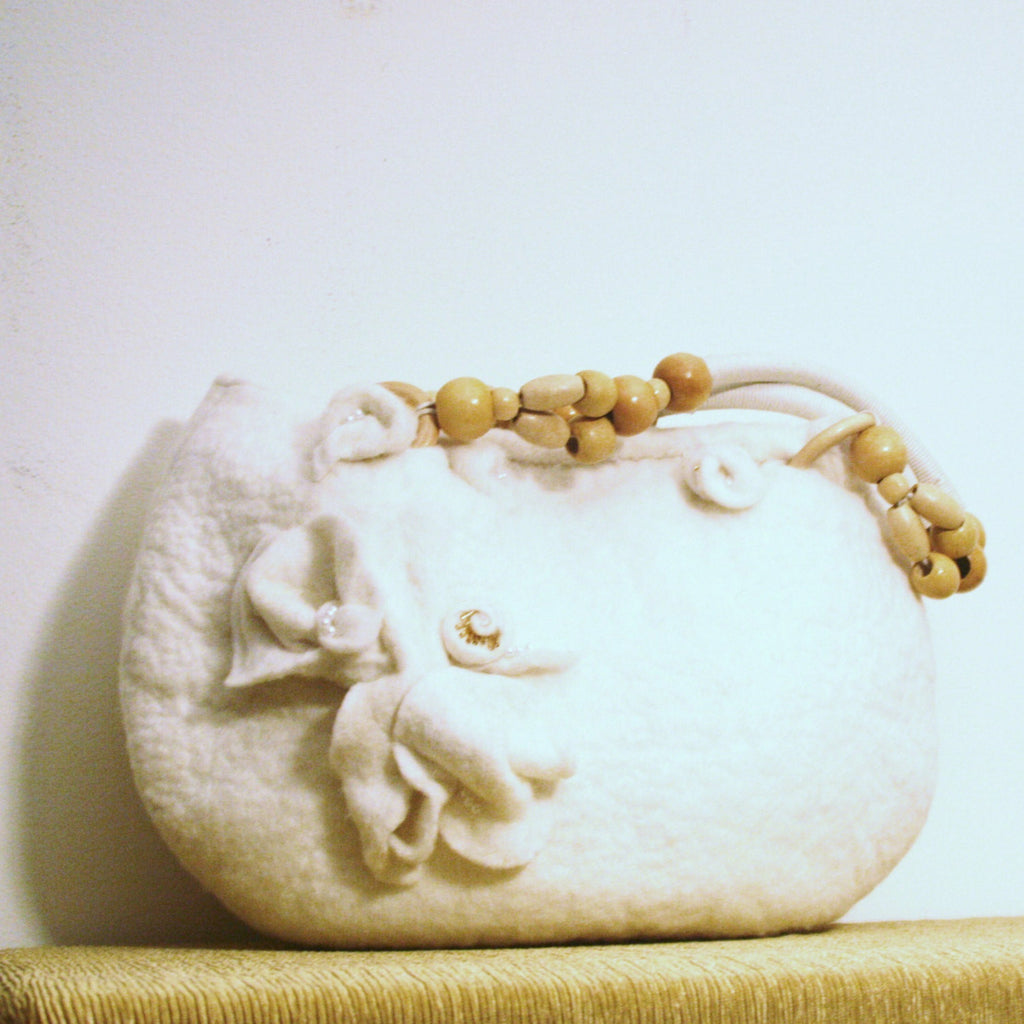 White Lily, Felt Handbag,  Pearl Encrusted Flowers.