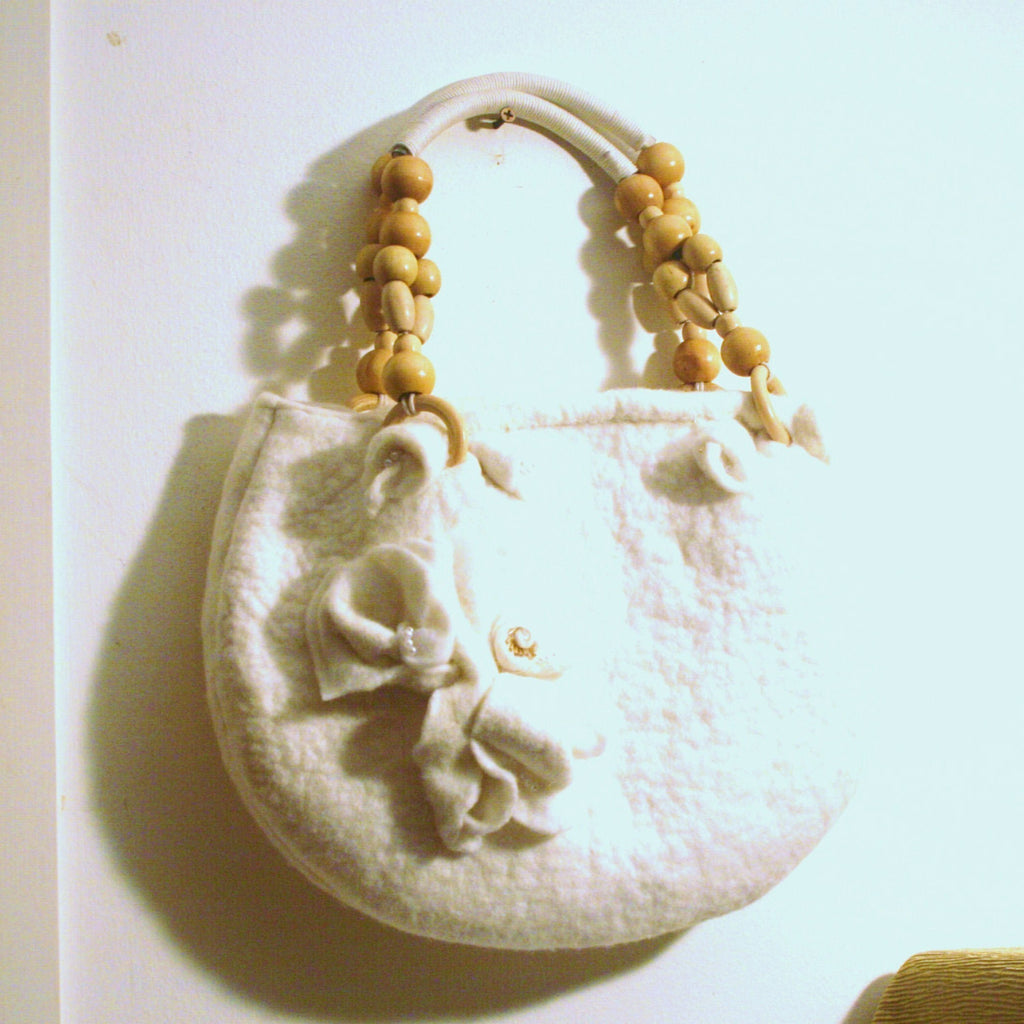 White Lily, Felt Handbag,  Pearl Encrusted Flowers.