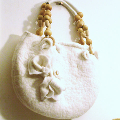 White Lily, Felt Handbag,  Pearl Encrusted Flowers.