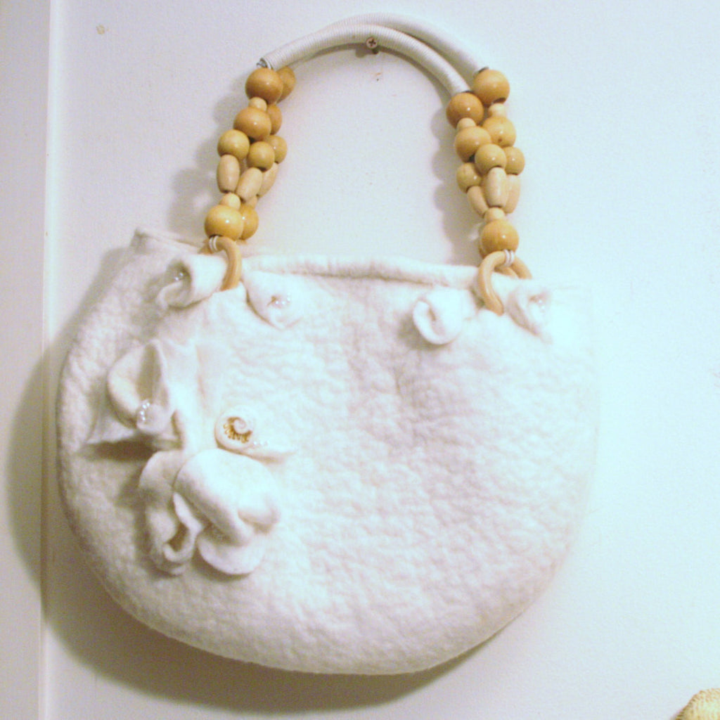 White Lily, Felt Handbag,  Pearl Encrusted Flowers.