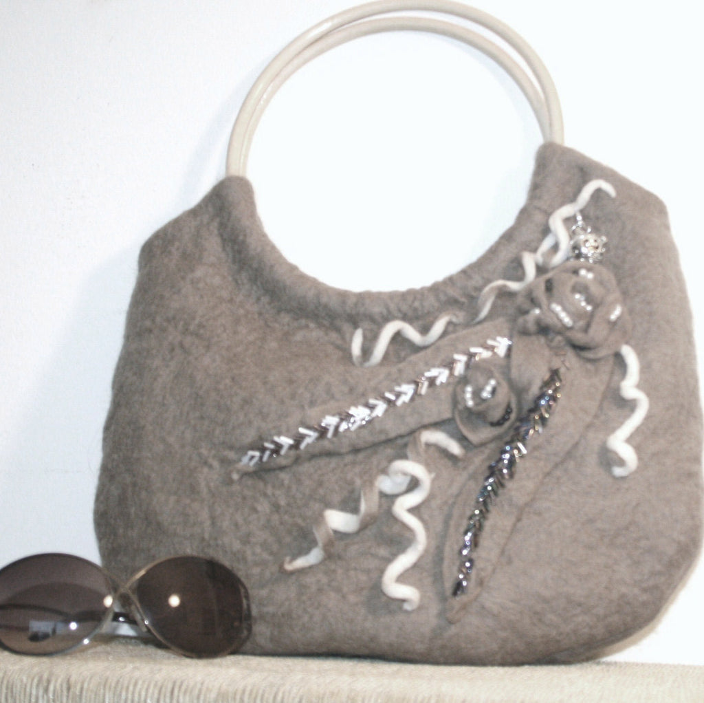 Wool Designer Handbag,Taupe, Beaded and Freeform!