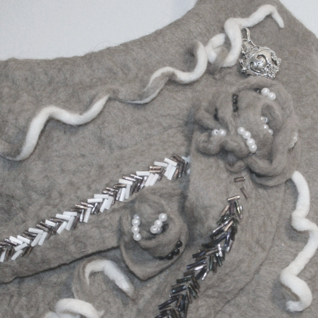 Wool Designer Handbag,Taupe, Beaded and Freeform!