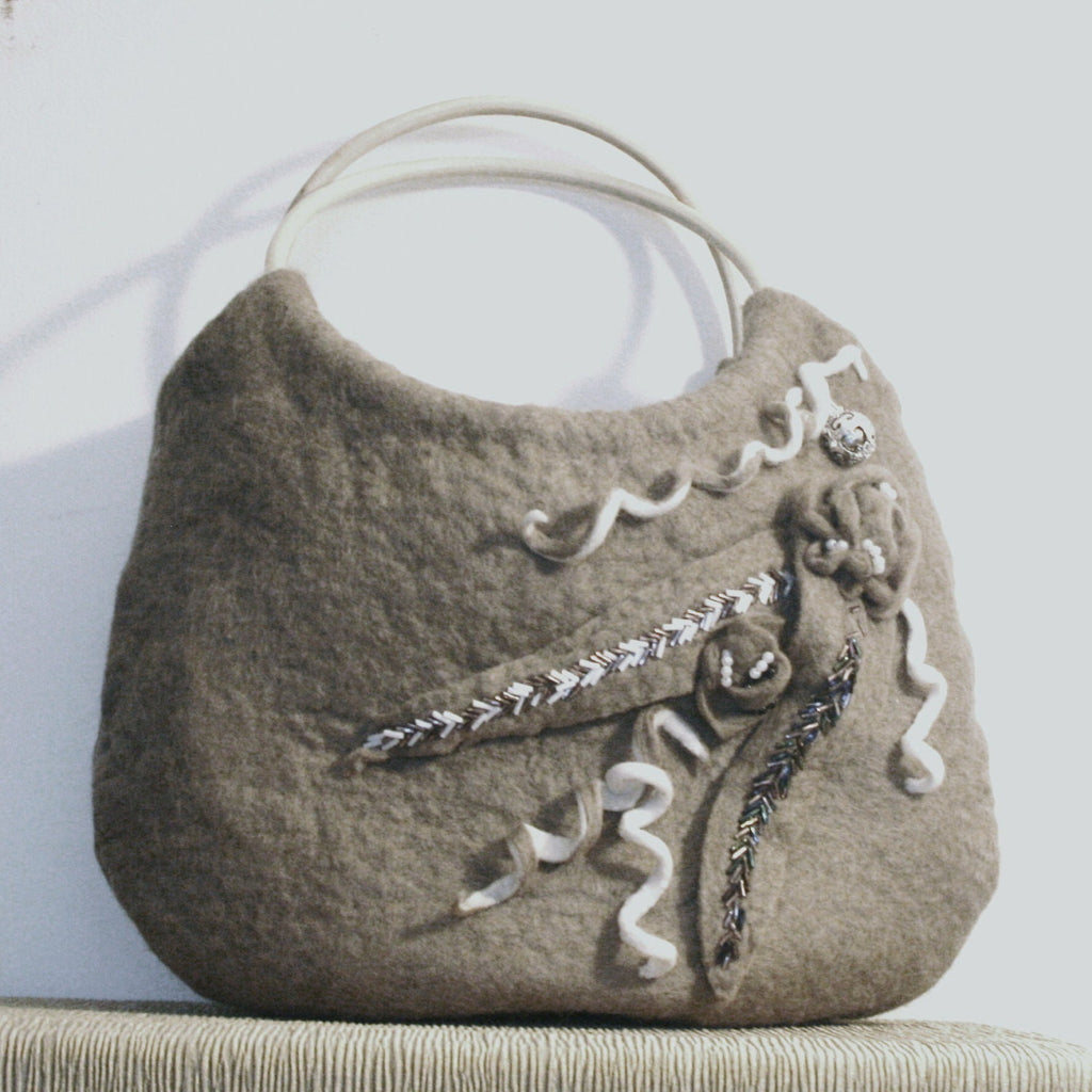 Wool Designer Handbag,Taupe, Beaded and Freeform!