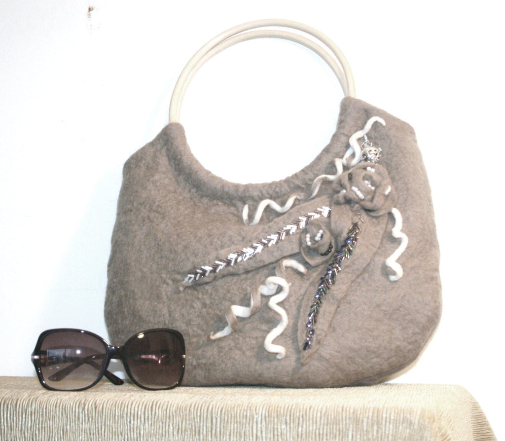 Wool Designer Handbag,Taupe, Beaded and Freeform!
