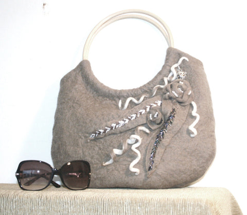 Wool Designer Handbag,Taupe, Beaded and Freeform!