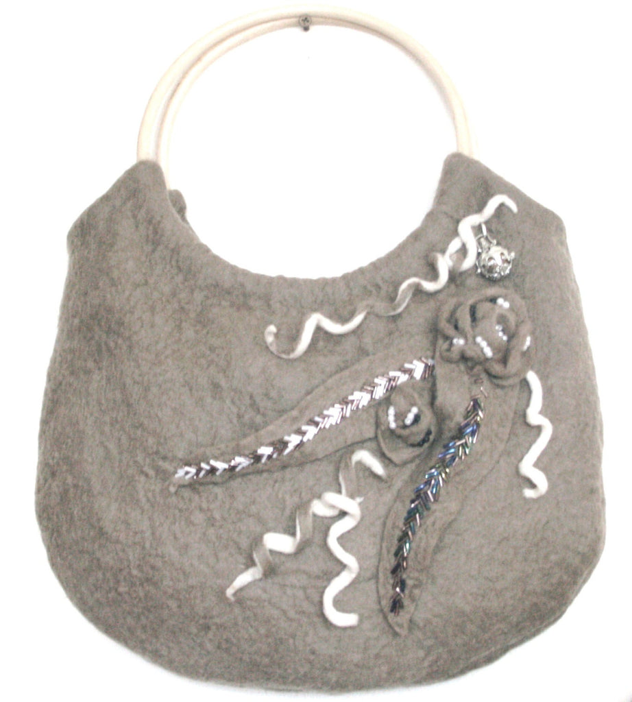 Wool Designer Handbag,Taupe, Beaded and Freeform!
