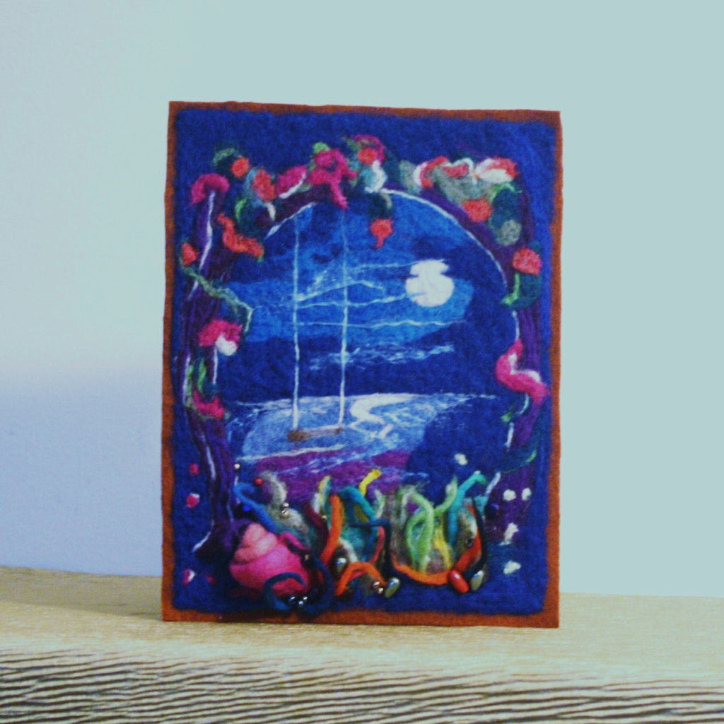 Needle Felted Picture, Moonlit Garden.