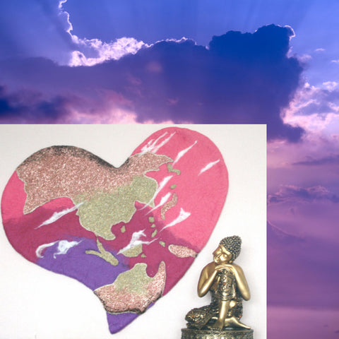 Wool *World Heart* Fiber Art, Glitter Hand Felted Picture. On SALE!