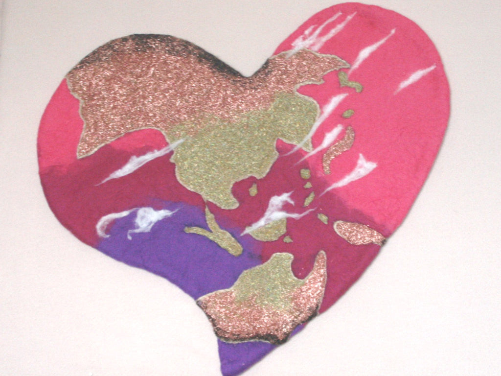 Wool *World Heart* Fiber Art, Glitter Hand Felted Picture. On SALE!