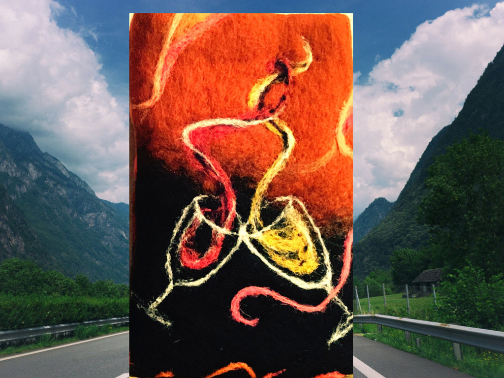 Felted Wool I Phone Case, Copper / Black, Wine Glasses Design.