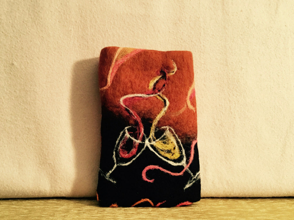Felted Wool I Phone Case, Copper / Black, Wine Glasses Design.