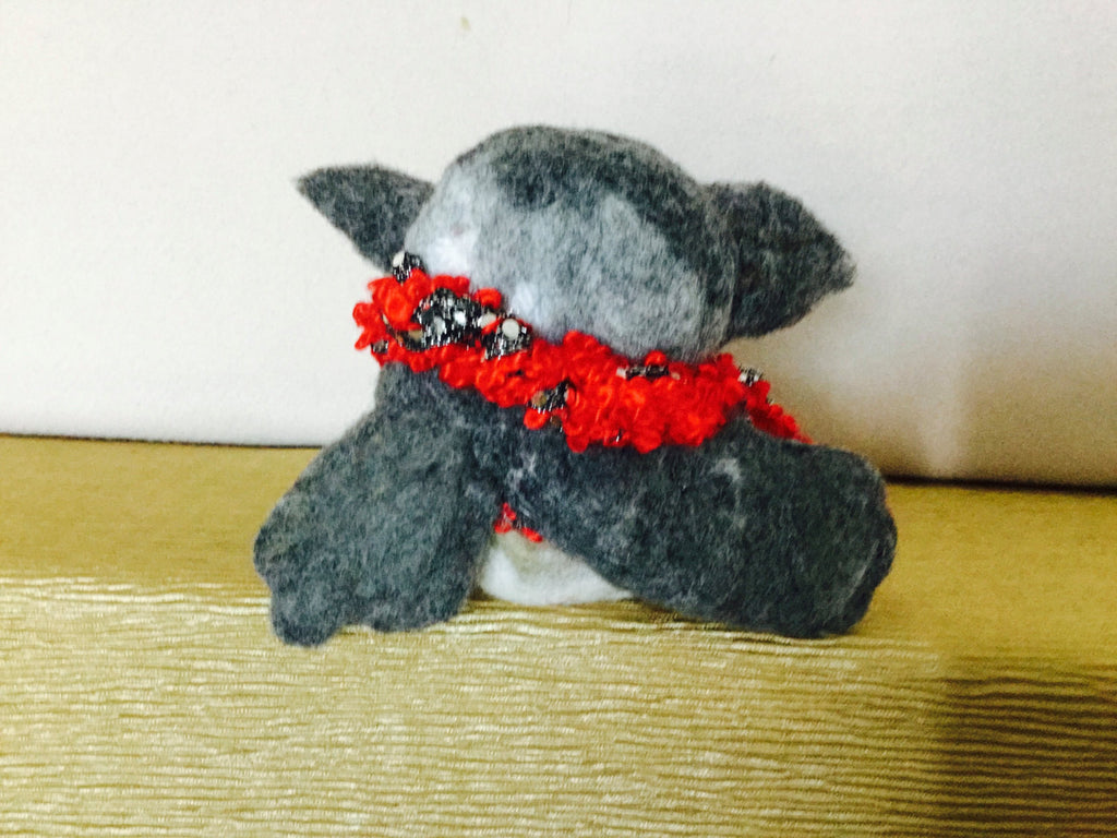 Felted Wool Cat Toy, with Red Wool Tassel.
