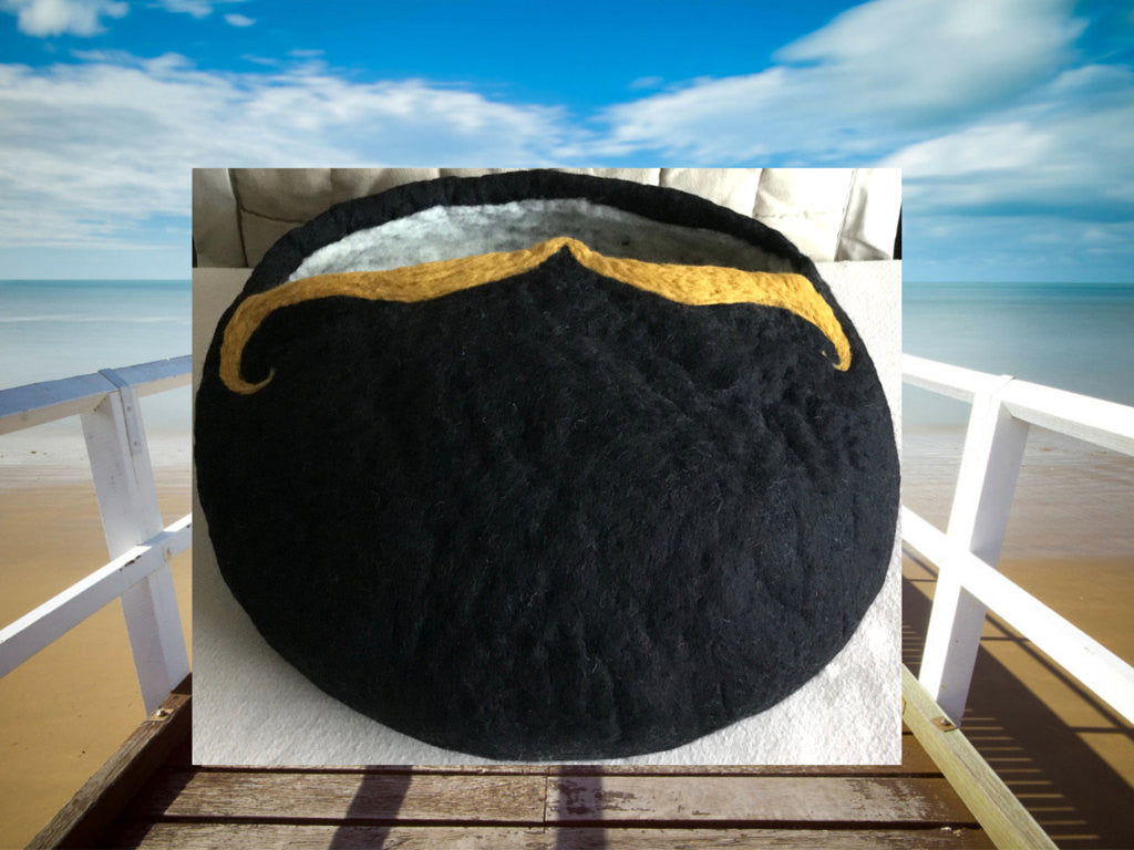 Black Wool Cat Cave, Mustard Colored Moustache!