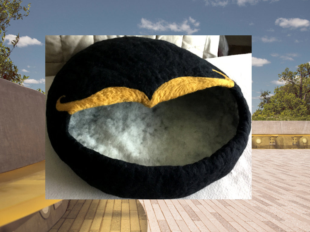 Black Wool Cat Cave, Mustard Colored Moustache!