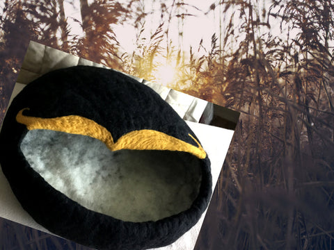 Black Wool Cat Cave, Mustard Colored Moustache!